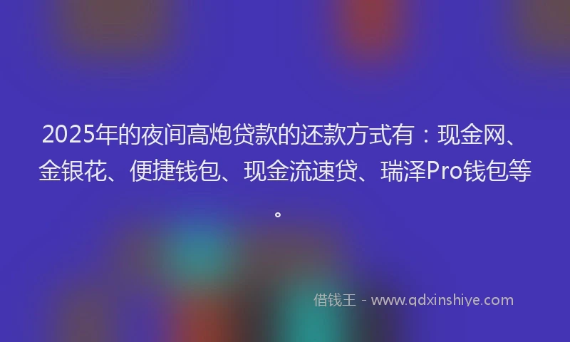 2025年的夜间高炮贷款的还款方式有：现金网、金银花、便捷钱包、现金流速贷、瑞泽Pro钱包等。
