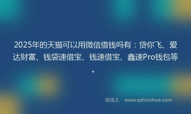 2025年的天猫可以用微信借钱吗有：贷你飞、爱达财富、钱袋速借宝、钱速借宝、鑫速Pro钱包等。