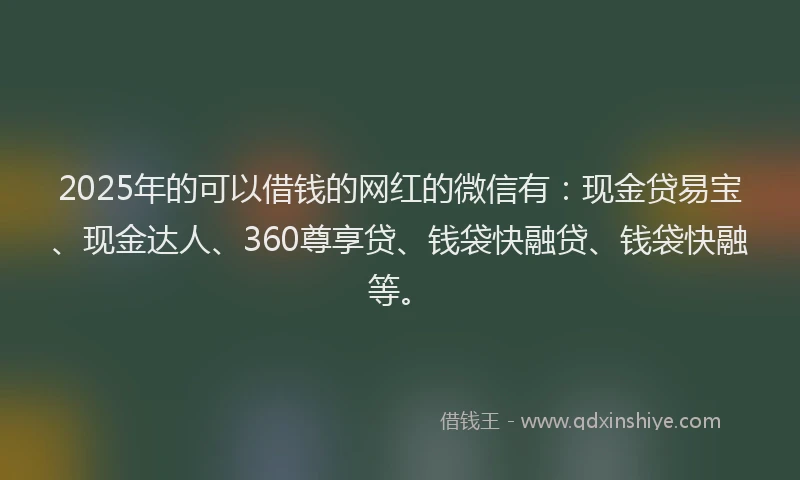 2025年的可以借钱的网红的微信有：现金贷易宝、现金达人、360尊享贷、钱袋快融贷、钱袋快融等。