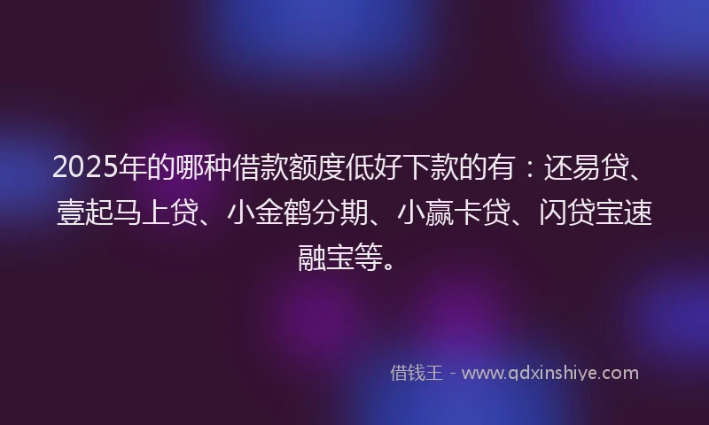2025年的哪种借款额度低好下款的有：还易贷、壹起马上贷、小金鹤分期、小赢卡贷、闪贷宝速融宝等。