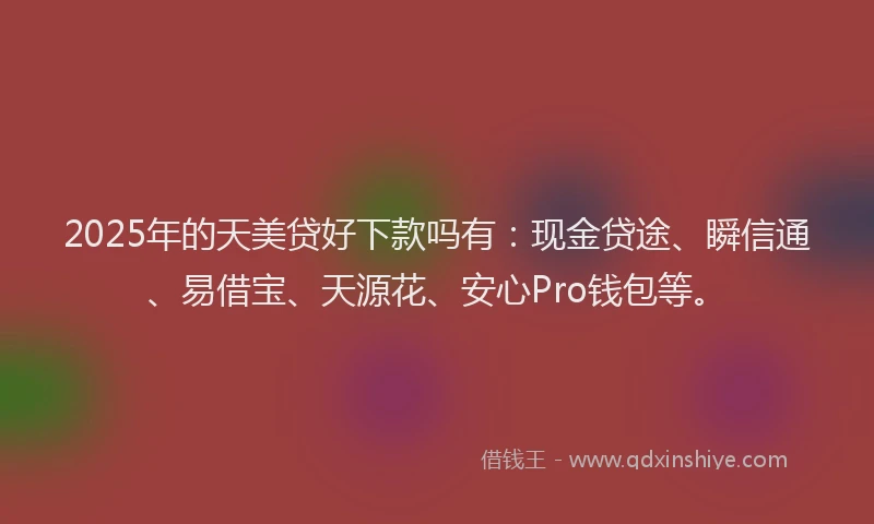 2025年的天美贷好下款吗有：现金贷途、瞬信通、易借宝、天源花、安心Pro钱包等。