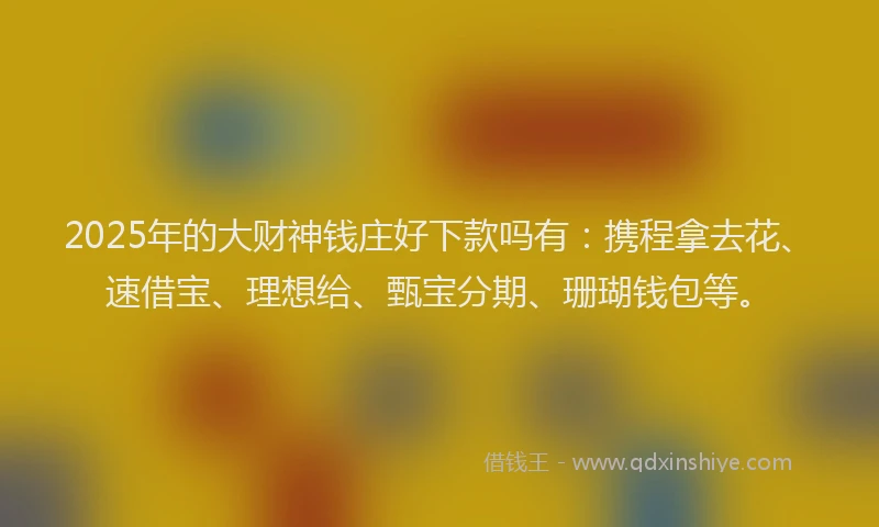 2025年的大财神钱庄好下款吗有：携程拿去花、速借宝、理想给、甄宝分期、珊瑚钱包等。