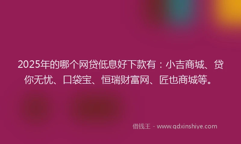 2025年的哪个网贷低息好下款有：小吉商城、贷你无忧、口袋宝、恒瑞财富网、匠也商城等。