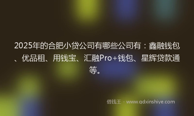 2025年的合肥小贷公司有哪些公司有:鑫融钱包、优品租、用钱宝、汇融Pro+钱包、星辉贷款通等。