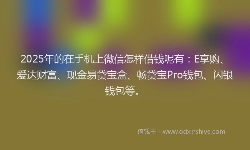 2025年的在手机上微信怎样借钱呢有：E享购、爱达财富、现金易贷宝盒、畅贷宝Pro钱包、闪银钱包等。