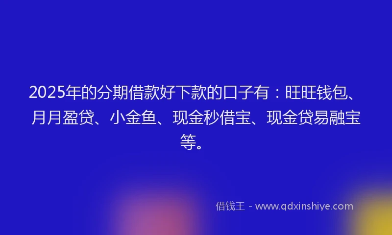 2025年的分期借款好下款的口子有：旺旺钱包、月月盈贷、小金鱼、现金秒借宝、现金贷易融宝等。