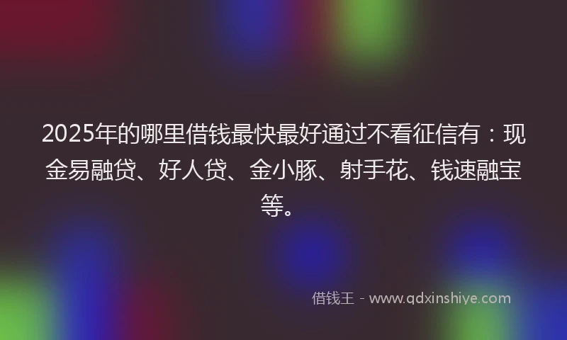 2025年的哪里借钱最快最好通过不看征信有：现金易融贷、好人贷、金小豚、射手花、钱速融宝等。
