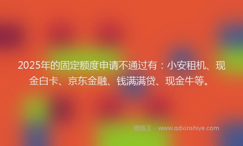 2025年的固定额度申请不通过有：小安租机、现金白卡、京东金融、钱满满贷、现金牛等。