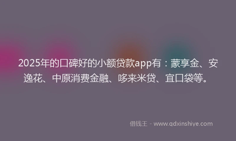 2025年的口碑好的小额贷款app有：蒙享金、安逸花、中原消费金融、哆来米贷、宜口袋等。