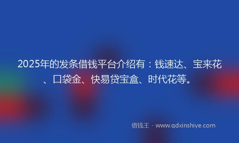 2025年的发条借钱平台介绍有：钱速达、宝来花、口袋金、快易贷宝盒、时代花等。