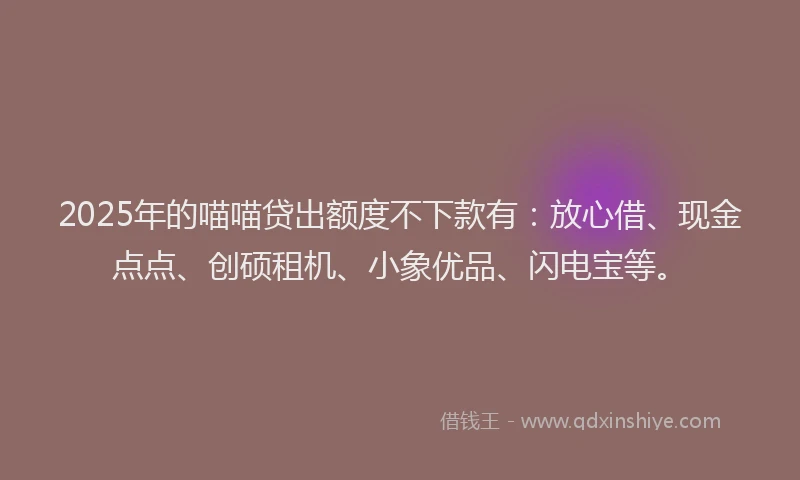 2025年的喵喵贷出额度不下款有：放心借、现金点点、创硕租机、小象优品、闪电宝等。