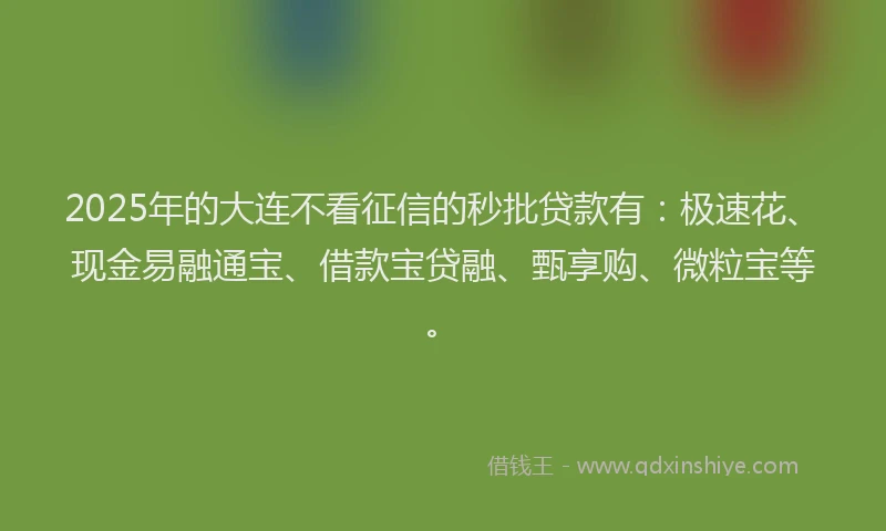 2025年的大连不看征信的秒批贷款有：极速花、现金易融通宝、借款宝贷融、甄享购、微粒宝等。