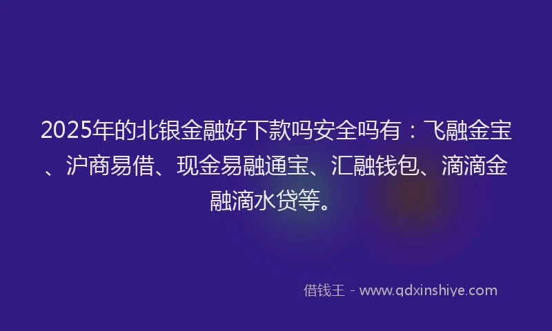 2025年的北银金融好下款吗安全吗有：飞融金宝、沪商易借、现金易融通宝、汇融钱包、滴滴金融滴水贷等。