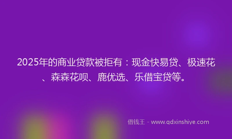 2025年的商业贷款被拒有：现金快易贷、极速花、森森花呗、鹿优选、乐借宝贷等。