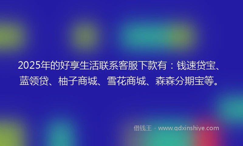 2025年的好享生活联系客服下款有：钱速贷宝、蓝领贷、柚子商城、雪花商城、森森分期宝等。