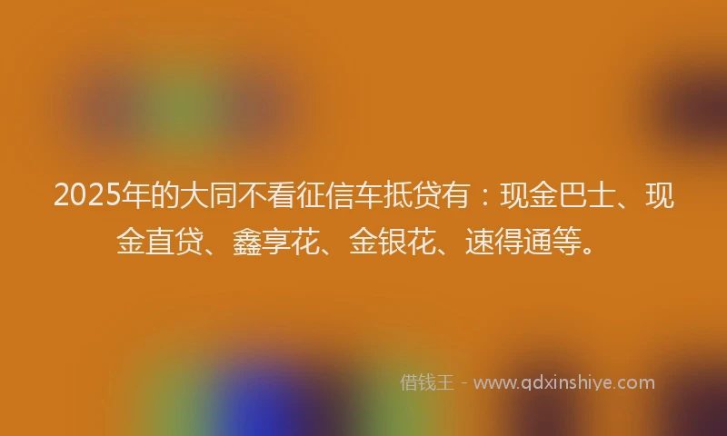 2025年的大同不看征信车抵贷有:现金巴士、现金直贷、鑫享花、金银花、速得通等。