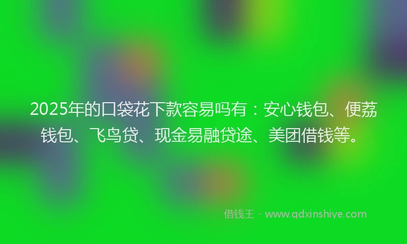2025年的口袋花下款容易吗有：安心钱包、便荔钱包、飞鸟贷、现金易融贷途、美团借钱等。