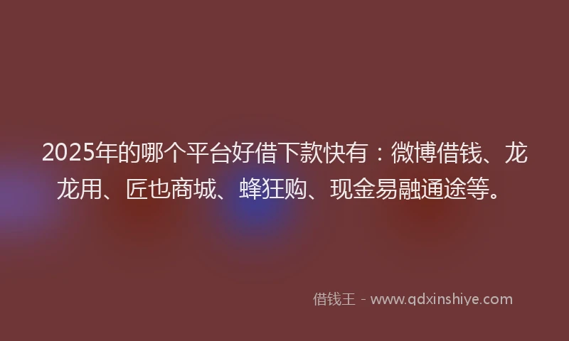 2025年的哪个平台好借下款快有：微博借钱、龙龙用、匠也商城、蜂狂购、现金易融通途等。