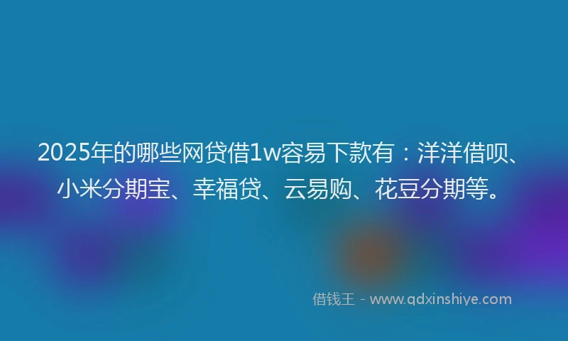 2025年的哪些网贷借1w容易下款有：洋洋借呗、小米分期宝、幸福贷、云易购、花豆分期等。