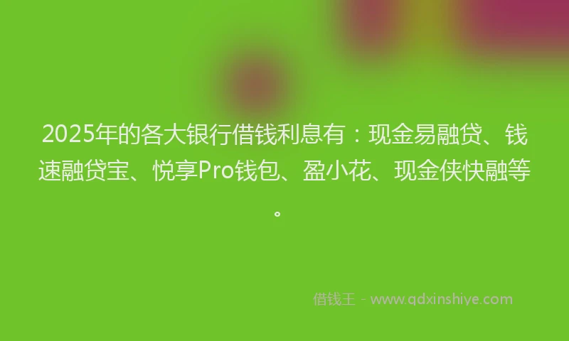 2025年的各大银行借钱利息有：现金易融贷、钱速融贷宝、悦享Pro钱包、盈小花、现金侠快融等。