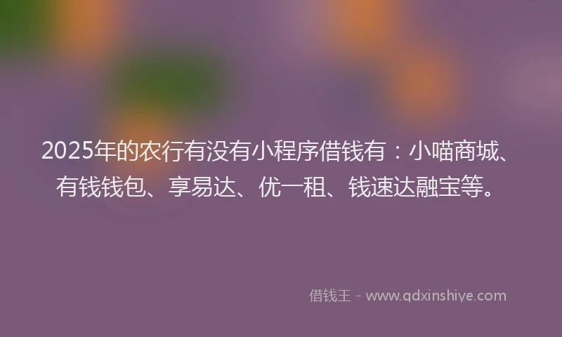 2025年的农行有没有小程序借钱有：小喵商城、有钱钱包、享易达、优一租、钱速达融宝等。