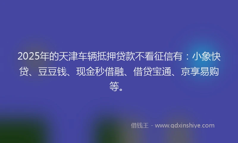 2025年的天津车辆抵押贷款不看征信有：小象快贷、豆豆钱、现金秒借融、借贷宝通、京享易购等。