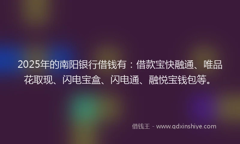 2025年的南阳银行借钱有：借款宝快融通、唯品花取现、闪电宝盒、闪电通、融悦宝钱包等。