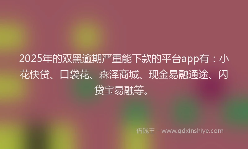 2025年的双黑逾期严重能下款的平台app有：小花快贷、口袋花、森泽商城、现金易融通途、闪贷宝易融等。