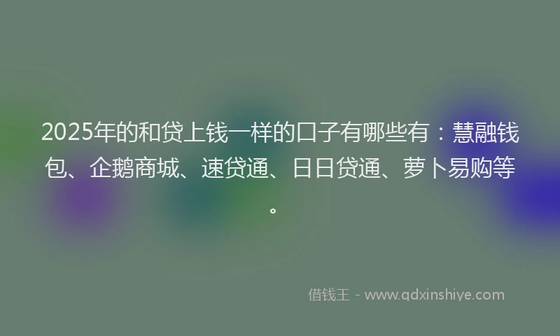 2025年的和贷上钱一样的口子有哪些有:慧融钱包、企鹅商城、速贷通、日日贷通、萝卜易购等。