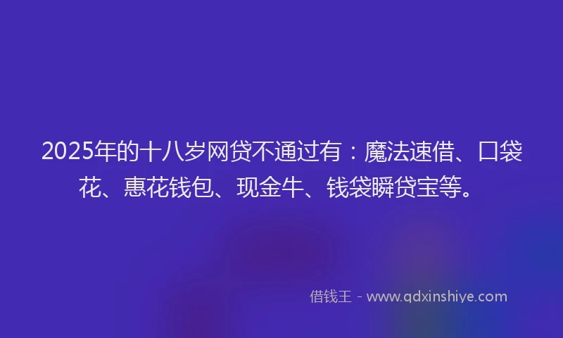 2025年的十八岁网贷不通过有：魔法速借、口袋花、惠花钱包、现金牛、钱袋瞬贷宝等。