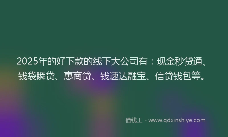 2025年的好下款的线下大公司有：现金秒贷通、钱袋瞬贷、惠商贷、钱速达融宝、信贷钱包等。