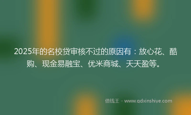2025年的名校贷审核不过的原因有：放心花、酷购、现金易融宝、优米商城、天天盈等。