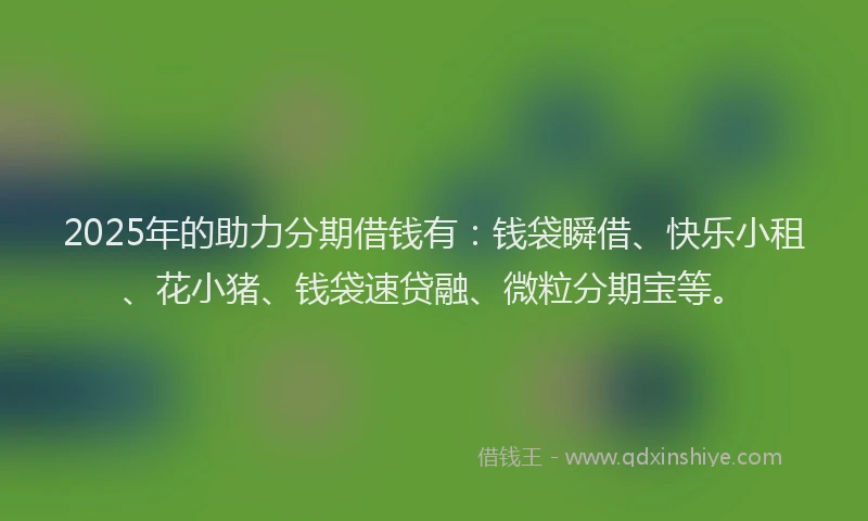 2025年的助力分期借钱有：钱袋瞬借、快乐小租、花小猪、钱袋速贷融、微粒分期宝等。