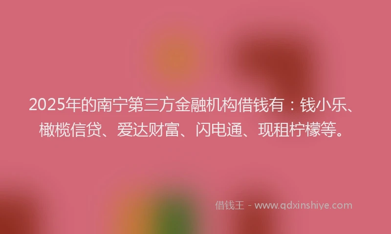 2025年的南宁第三方金融机构借钱有：钱小乐、橄榄信贷、爱达财富、闪电通、现租柠檬等。