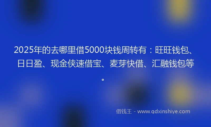 2025年的去哪里借5000块钱周转有：旺旺钱包、日日盈、现金侠速借宝、麦芽快借、汇融钱包等。