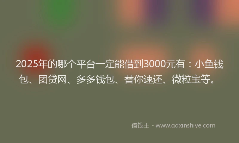 2025年的哪个平台一定能借到3000元有：小鱼钱包、团贷网、多多钱包、替你速还、微粒宝等。