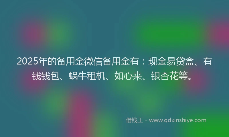 2025年的备用金微信备用金有：现金易贷盒、有钱钱包、蜗牛租机、如心来、银杏花等。