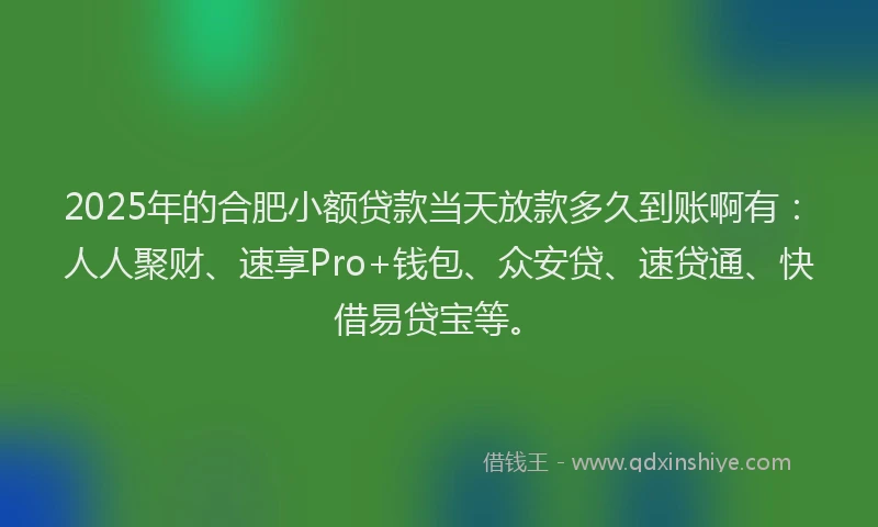 2025年的合肥小额贷款当天放款多久到账啊有：人人聚财、速享Pro+钱包、众安贷、速贷通、快借易贷宝等。