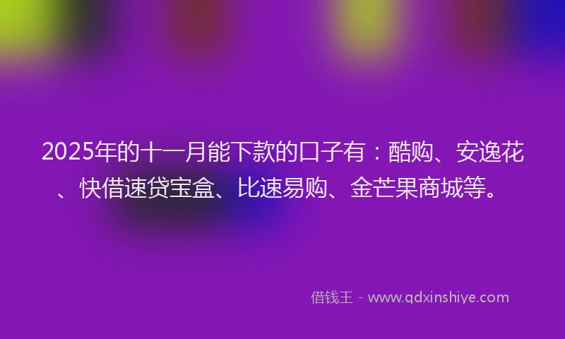 2025年的十一月能下款的口子有：酷购、安逸花、快借速贷宝盒、比速易购、金芒果商城等。
