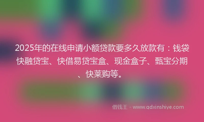 2025年的在线申请小额贷款要多久放款有：钱袋快融贷宝、快借易贷宝盒、现金盒子、甄宝分期、快莱购等。