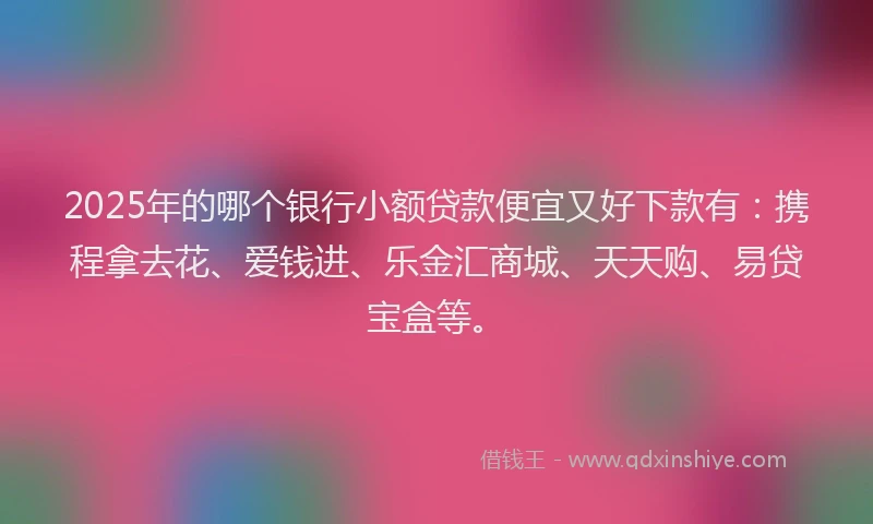 2025年的哪个银行小额贷款便宜又好下款有：携程拿去花、爱钱进、乐金汇商城、天天购、易贷宝盒等。
