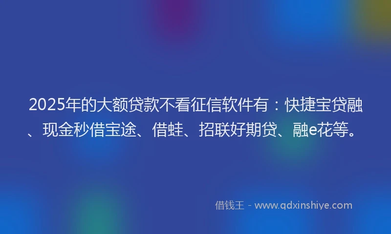 2025年的大额贷款不看征信软件有：快捷宝贷融、现金秒借宝途、借蛙、招联好期贷、融e花等。