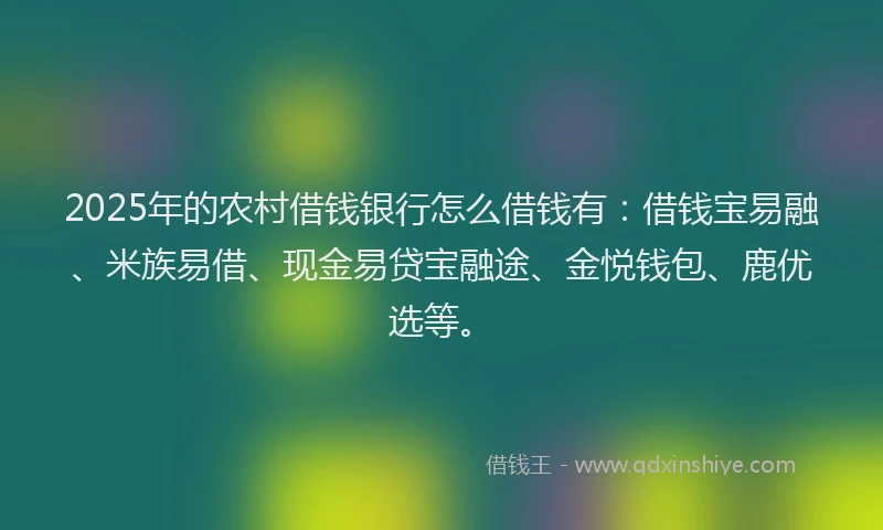 2025年的农村借钱银行怎么借钱有：借钱宝易融、米族易借、现金易贷宝融途、金悦钱包、鹿优选等。