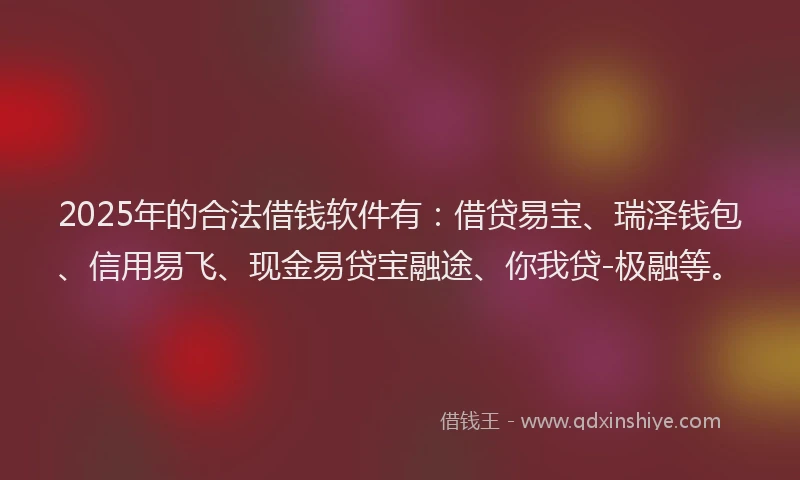 2025年的合法借钱软件有：借贷易宝、瑞泽钱包、信用易飞、现金易贷宝融途、你我贷-极融等。