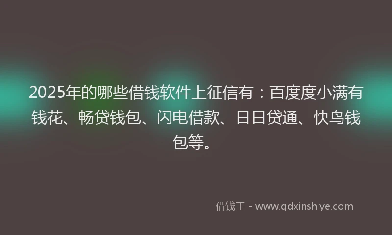 2025年的哪些借钱软件上征信有：百度度小满有钱花、畅贷钱包、闪电借款、日日贷通、快鸟钱包等。