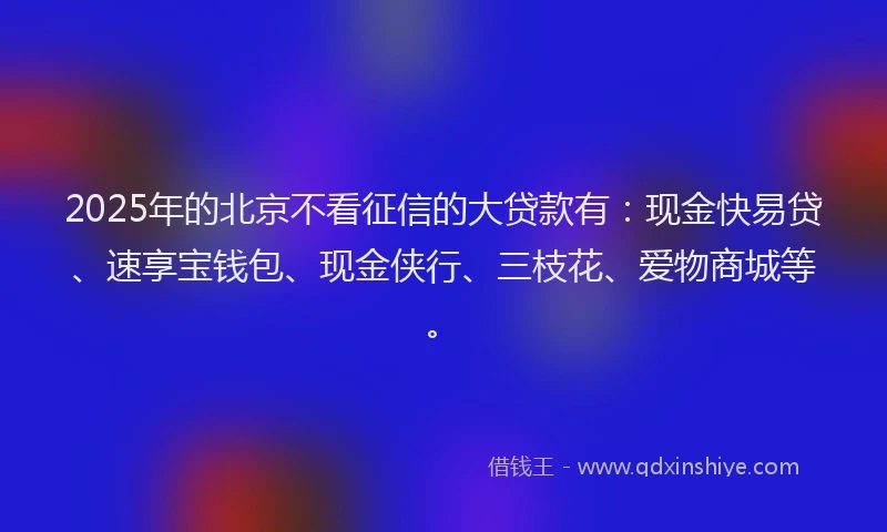 2025年的北京不看征信的大贷款有：现金快易贷、速享宝钱包、现金侠行、三枝花、爱物商城等。