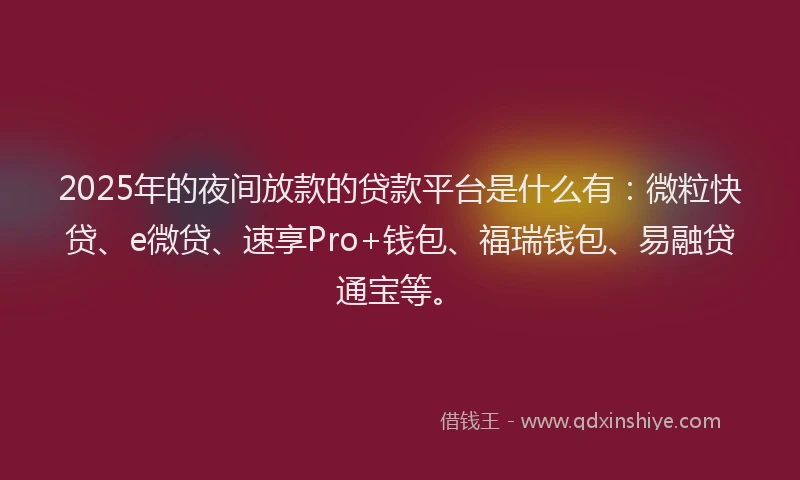 2025年的夜间放款的贷款平台是什么有：微粒快贷、e微贷、速享Pro+钱包、福瑞钱包、易融贷通宝等。