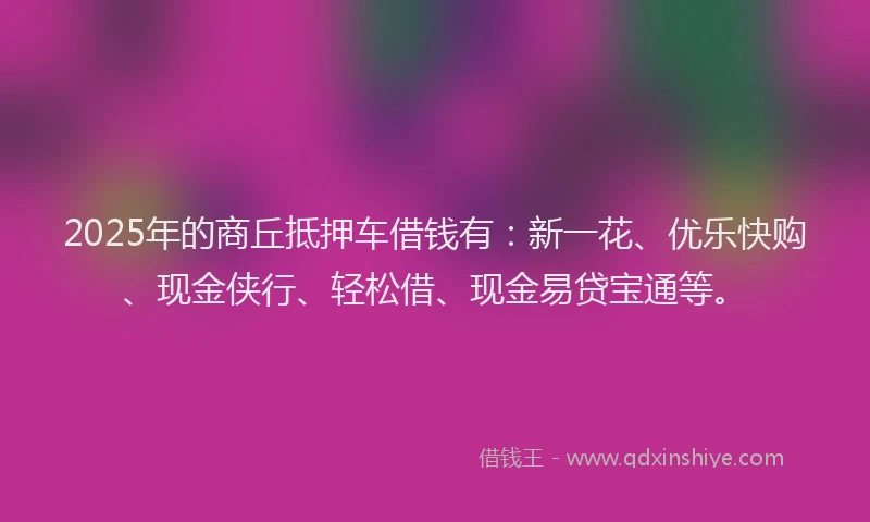 2025年的商丘抵押车借钱有：新一花、优乐快购、现金侠行、轻松借、现金易贷宝通等。