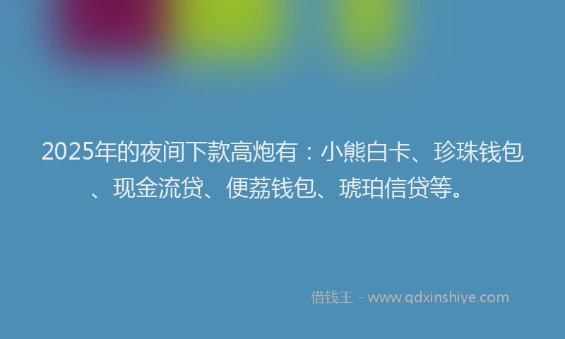 2025年的夜间下款高炮有：小熊白卡、珍珠钱包、现金流贷、便荔钱包、琥珀信贷等。