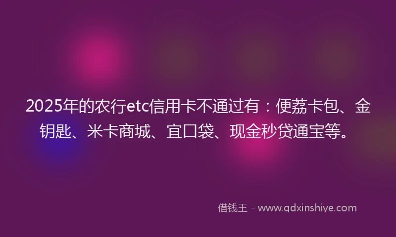 2025年的农行etc信用卡不通过有：便荔卡包、金钥匙、米卡商城、宜口袋、现金秒贷通宝等。